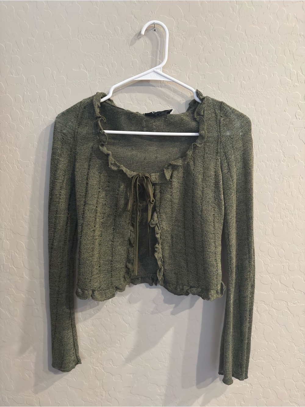 Cider Olive Green Ruffle Tie-Front Sweater Top